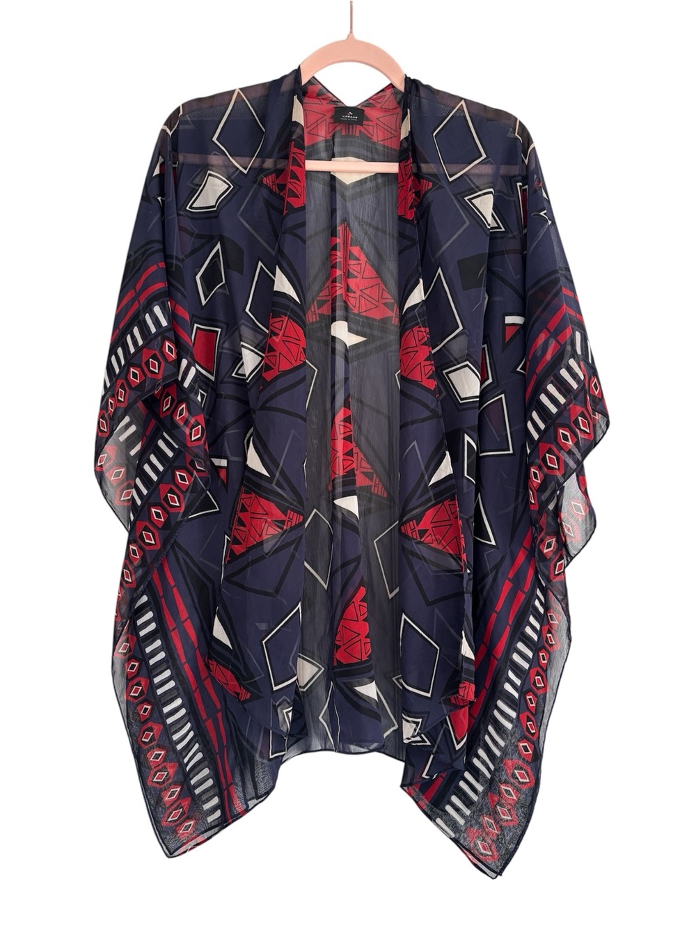 V. FRAAS Sheer Navy & Red Geometric Cover-Up Kimono